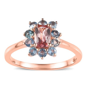 cushion pink tourmaline and aquamarine halo ring in 18k rose gold over sterling silver
