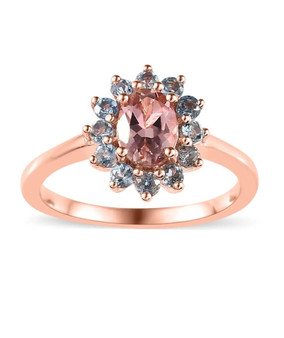 oval pink tourmaline and aquamarine halo ring in 18k rose gold over sterling silver