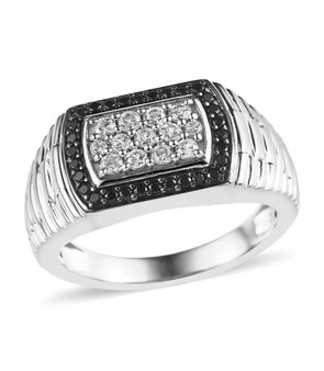 white zircon and black spinel gents ring in rhodium over sterling silver