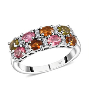 multi color tourmaline and moissanite ring in rhodium over sterling silver