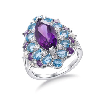 amethyst blue topaz and zircon halo cluster ring in rhodium over sterling silver