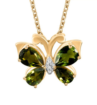 moldavite butterfly necklace in 18k yellow gold over sterling silver