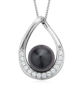 tahitian cultured pearl and white zircon pendant necklace in rhodium over sterling silver