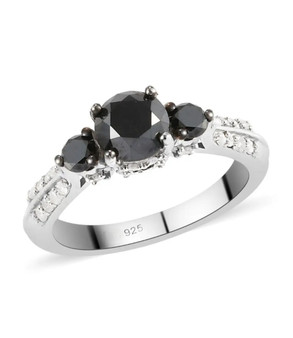 front view of black diamond and white diamond trilogy ring in rhodium over sterling silver