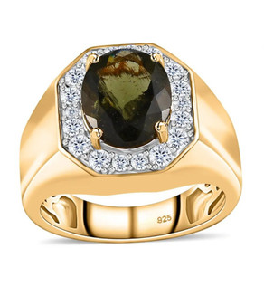 moldavite and zircon halo gents ring in 18k yellow gold over sterling silver