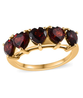 garnet heart five stone band ring in 18k yellow gold over sterling silver