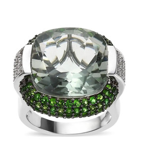 prasiolite chrome diopside and zircon statement ring in rhodium over sterling silver
