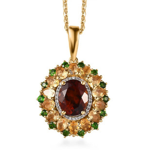 front view of madeira citrine citrine chrome diopside zircon cluster pendant necklace in 18k yellow gold over sterling silver