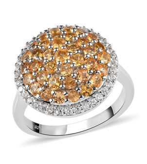 spessartine garnet and white zircon halo cluster ring in rhodium over sterling silver
