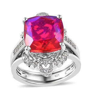 front view of red and purple quartz triplet and zircon two ring set in rhodium over sterling silver
