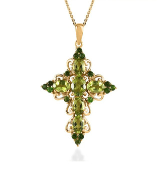peridot and chrome diopside cross pendant necklace in 18k yellow gold over sterling silver