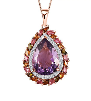 rose de france amethyst zircon and multi tourmaline halo pendant necklace in 18k rose gold over sterling silver