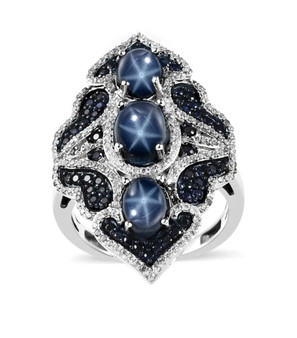 blue star sapphire sapphire and zircon ring in rhodium over sterling silver