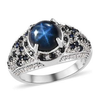 blue star sapphire sapphire and zircon ring in rhodium over sterling silver