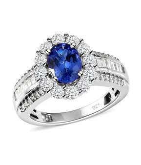 tanzanite and moissanite wedding ring in rhodium over sterling silver