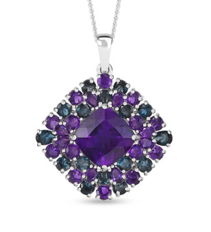 front view of amethyst and london blue topaz cluster pendant necklace in rhodium over sterling silver