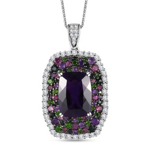 front view of amethyst multi gemstone pendant necklace in rhodium over sterling silver