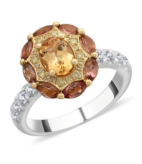 imperial topaz pink tourmaline yellow and white diamond halo ring in 14k yellow and white gold