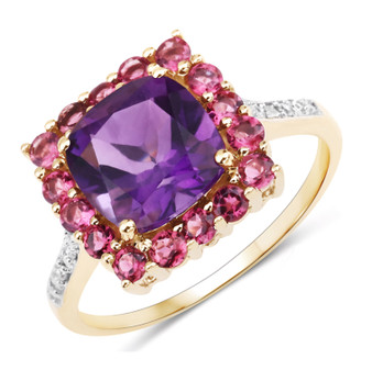 front view of amethyst pink tourmaline and diamond halo ring in 10k yellow gold
