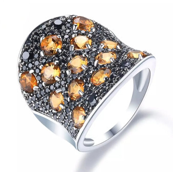 citrine and black spinel cluster ring in black and white rhodium over sterling silver