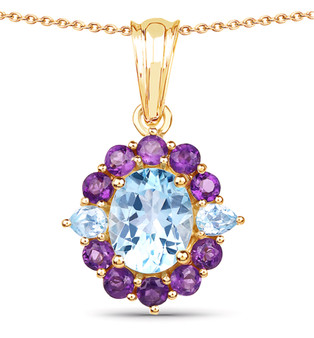 sky blue topaz and amethyst pendant necklace in 18k yellow gold over sterling silver