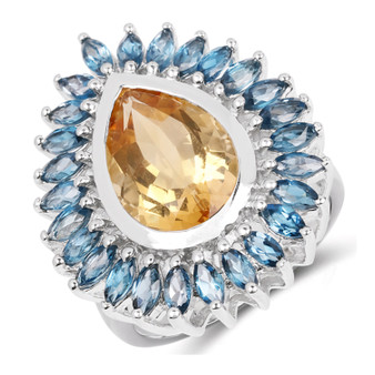 front view of citrine and london blue topaz halo ring in rhodium over sterling silver