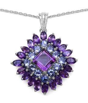 amethyst and tanzanite pendant necklace in rhodium over sterling silver