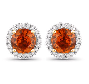 round spessartine garnet and diamond halo stud earrings in 14k yellow gold