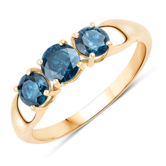 round blue diamond trilogy ring in 14k yellow gold