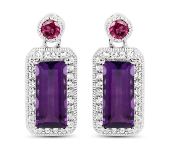 amethyst rhodolite and white topaz halo drop earrings in rhodium over sterling silver