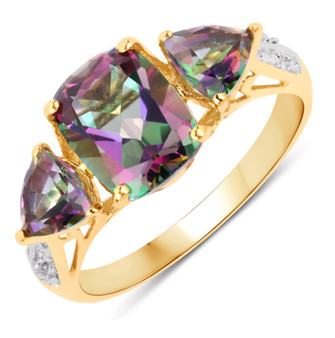mystic topaz trilogy and diamond ring in 14k yellow gold over sterling silver