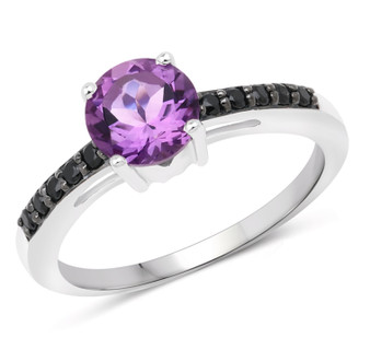 round amethyst and black spinel ring in black and white rhodium over sterling silver
