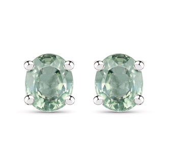 green sapphire oval stud earrings in rhodium over sterling silver