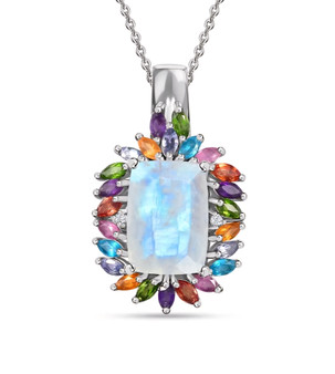rainbow moonstone and multi gemstone pendant necklace in rhodium over sterling silver