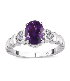 amethyst and diamond heart ring in rhodium over sterling silver