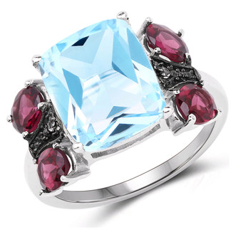 sky blue topaz rhodolite garnet and white topaz ring in black and white rhodium over sterling silver