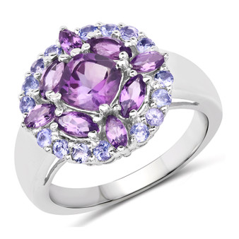 amethyst and tanzanite cluster ring in rhodium over sterling silver