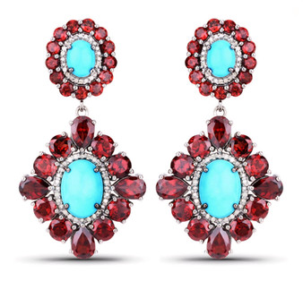 turquoise garnet and diamond dangle earrings in rhodium over sterling silver
