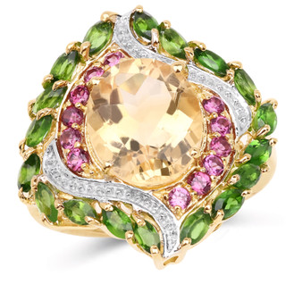 front view of citrine and chrome diopside rhodolite cocktail ring in 14k yellow gold and rhodium over sterling silver
