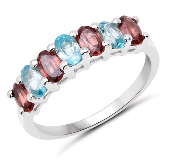 red and blue zircon 7-stone band ring in rhodium over sterling silver