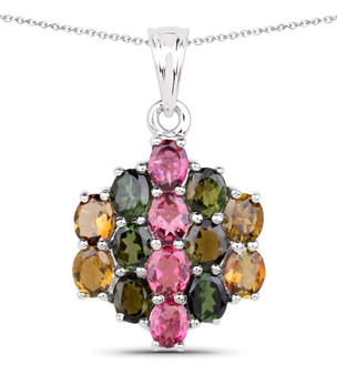 pink green and brown tourmaline pendant necklace in rhodium over sterling silver