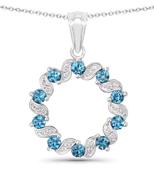 london blue topaz and white topaz round pendant necklace in rhodium over sterling silver