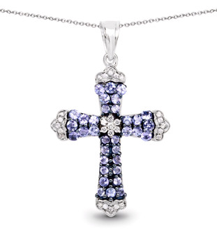 tanzanite and white zircon cross pendant necklace in black and white rhodium over sterling silver