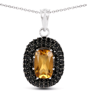 front view of citrine and black spinel halo pendant necklace in black and white rhodium over sterling silver