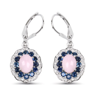 pink opal sapphire and white topaz halo dangle earrings in rhodium over sterling silver
