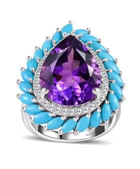 amethyst moissanite sleeping beauty turquoise halo ring in rhodium over sterling silver front