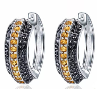 citrine and black spinel hoop earrings in rhodium over sterling silver