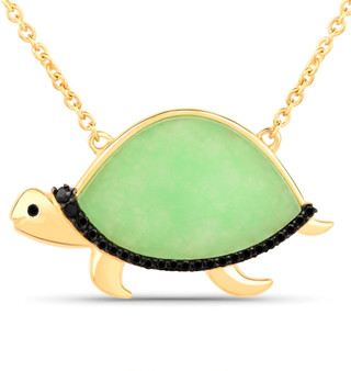 green jade and black diamond turtle necklace in 14k yellow gold over sterling silver
