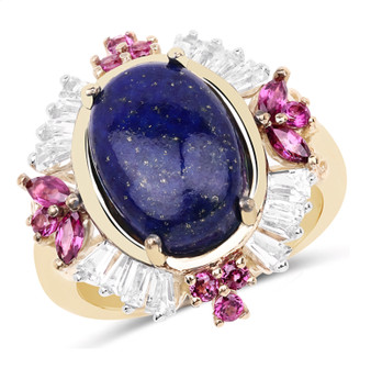 lapis lazuli rhodolite and white topaz ring in 14k yellow gold over sterling silver