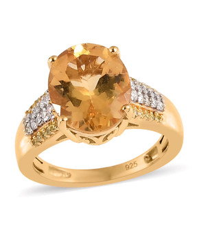 heliodor yellow diamond and moissanite ring in 18k yellow gold over sterling silver